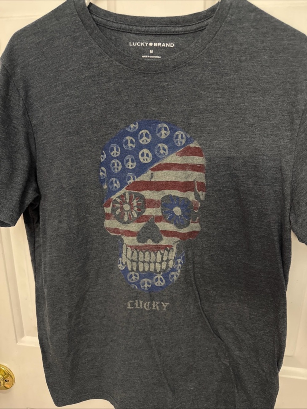 Lucky Brand Dark Gray Tee with American Flag Skull Graphic